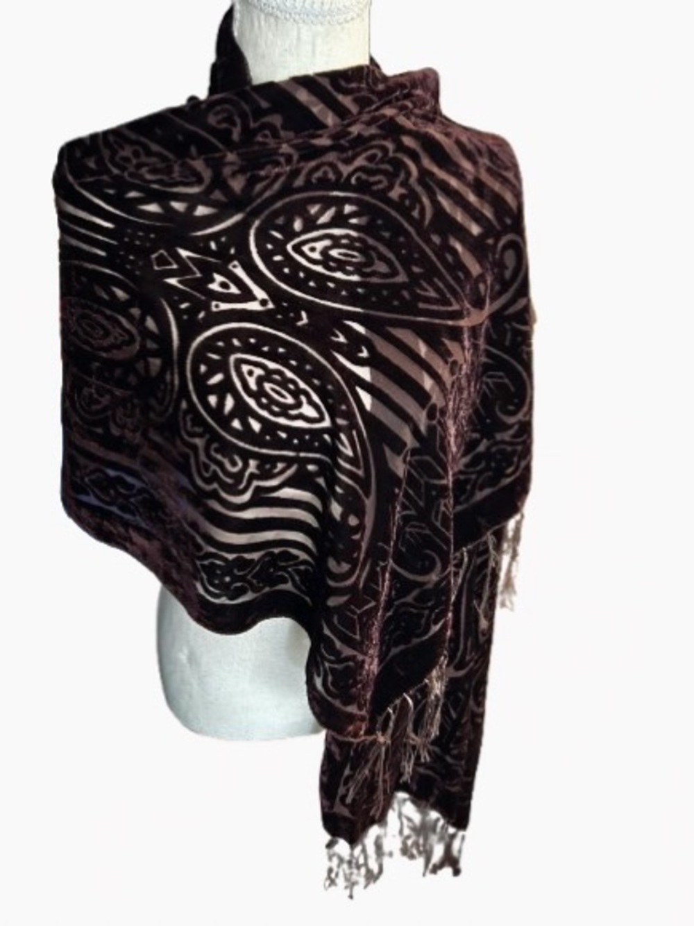 Brown Paisley Velvet & Sheer Fringe Scarf Wrap Shawl Evening Burnout Floral